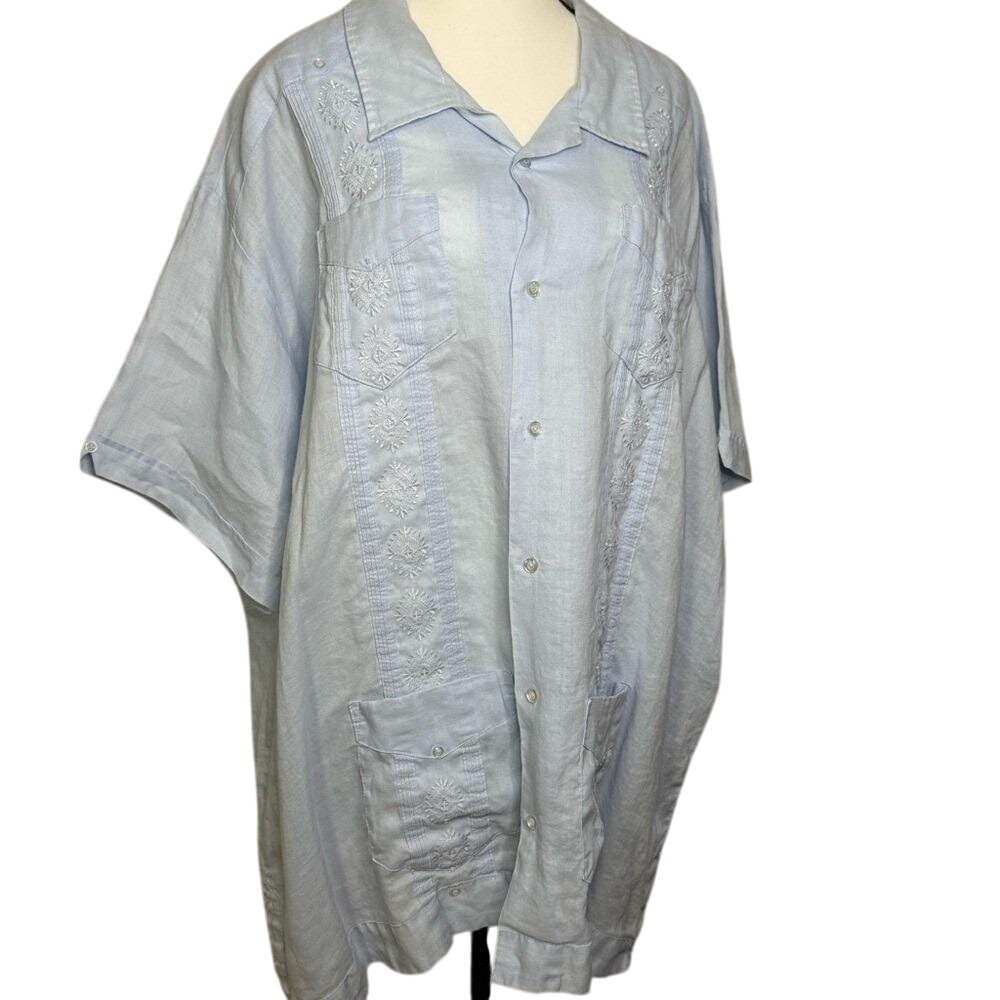 Vintage Light Blue Guayabera Embroidered Button-Up Shirt 3XL‎